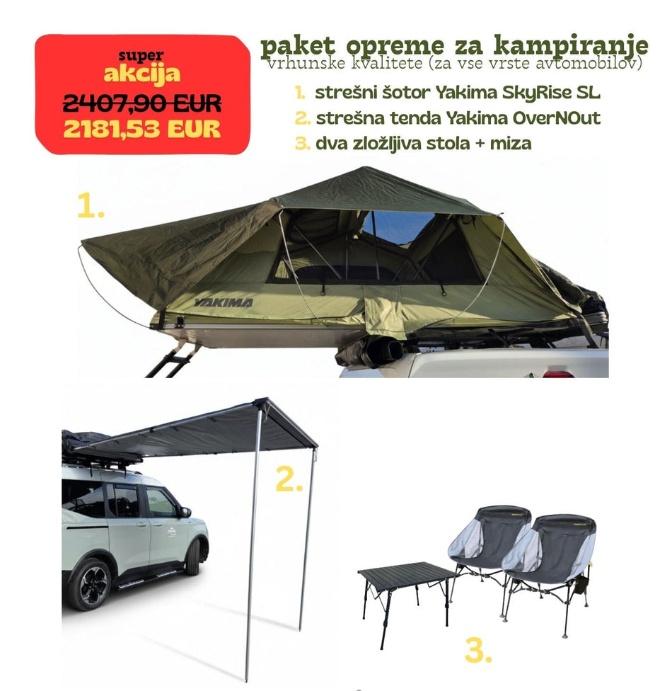 Paket opreme za kampiranje za vse vrste avtomobilov (strešni šotor Yakima SL, tenda Yakima OverNOut, 2 zložljiva stola in miza)