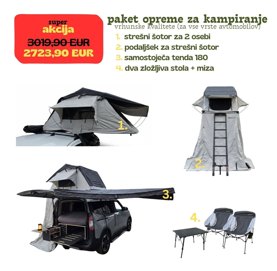 Paket opreme za kampiranje za vse vrste avtomobilov (strešni šotor za 2 osebi, podaljšek za strešni šotor, tenda 180 stopinj, 2 zložljiva stola in miza)