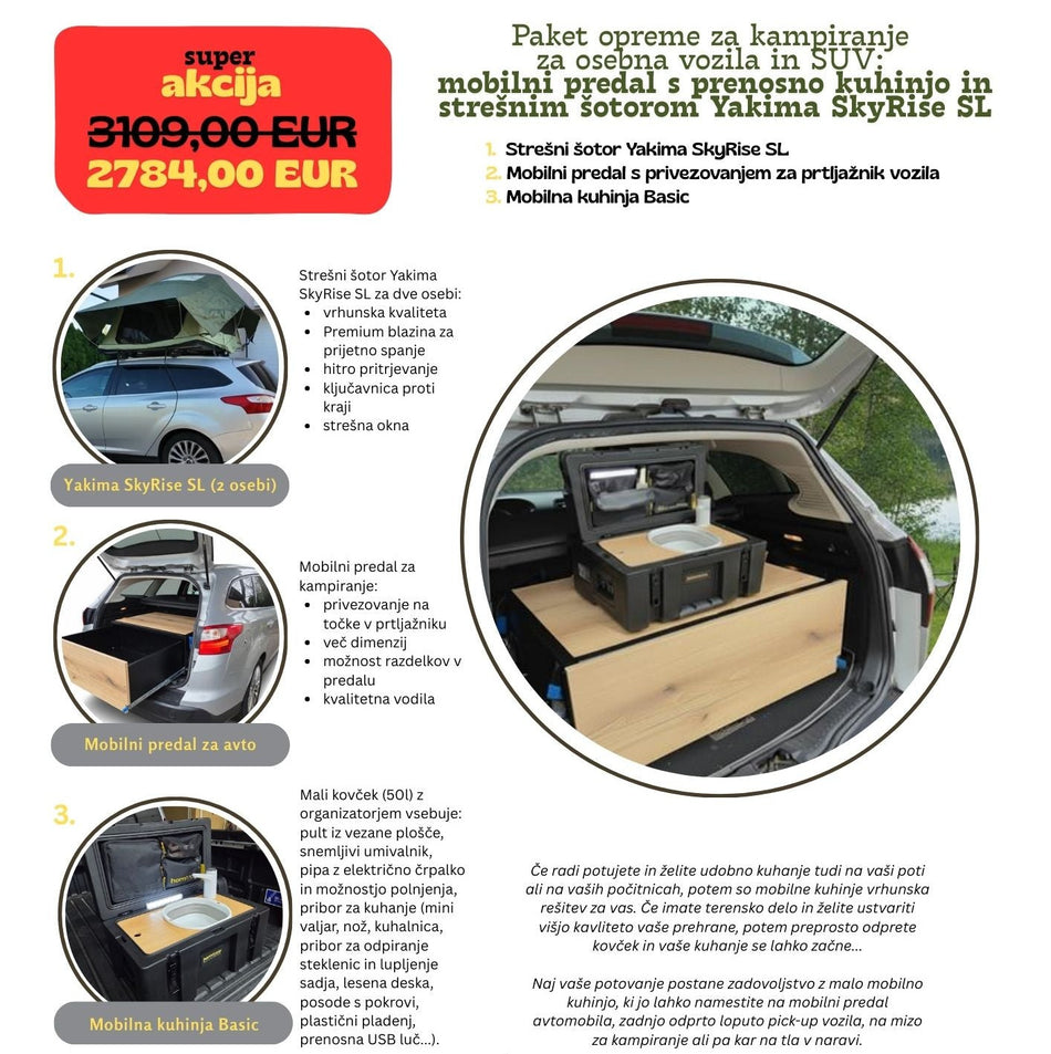 Paket opreme za kampiranje: mobilni predal s prenosno kuhinjo in strešnim šotorom Yakima SkyRise SL