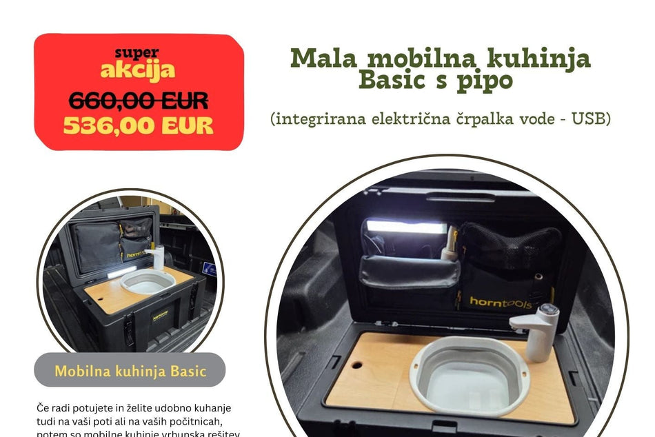 Mala mobilna kuhinja Basic s pipo (integrirana električna črpalka vode - USB)