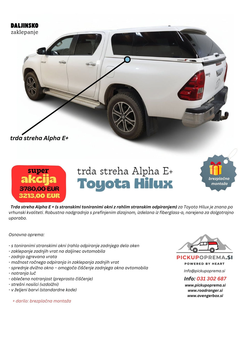 SUPER AKCIJA: Trda streha Alpha E+(s stranskimi toniranimi okni), Toyota Hilux 2016+, 2021+, Double Cab