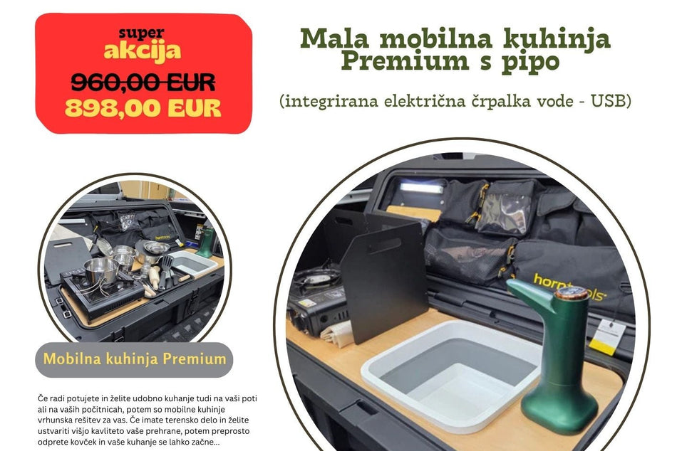 Velika mobilna kuhinja Premium s pipo (integrirana električna črpalka vode - USB) in plinskim gorilnikom na kartuše