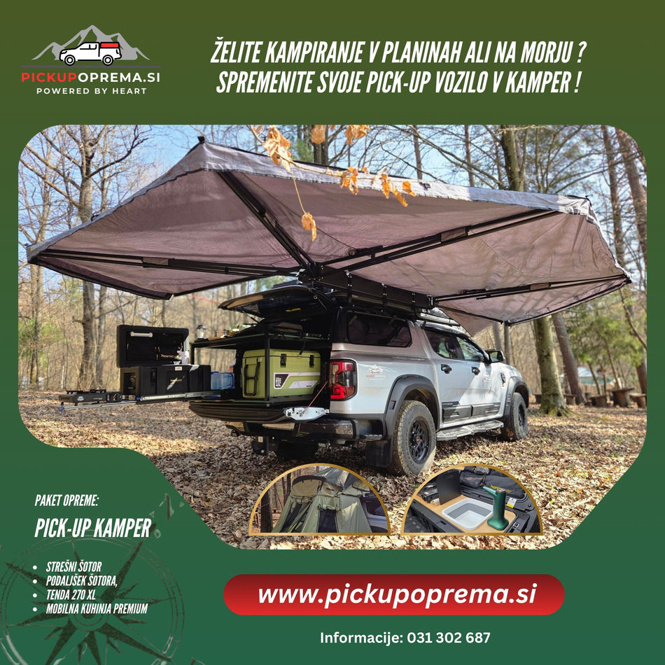 Paket opreme za pick-up vozila: Strešni šotor SkyRise HD, podaljšek šotora Yakima Annex HD, Tenda Yakima OverNOut 270 XL, mobilna kuhinja Premium